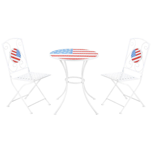 3 Piece Patio Bistro Set, Folding Outdoor Furniture with USA Mosaic Table and Chairs, 
Portable Metal Frames for 4th of July, Balcony, Backyard, Poolside, Porch, American Flag