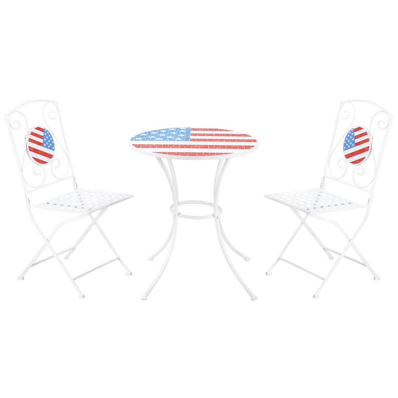 3 Piece Patio Bistro Set, Folding Outdoor Furniture with USA Mosaic Table and Chairs, 
Portable Metal Frames for 4th of July, Balcony, Backyard, Poolside, Porch, American Flag