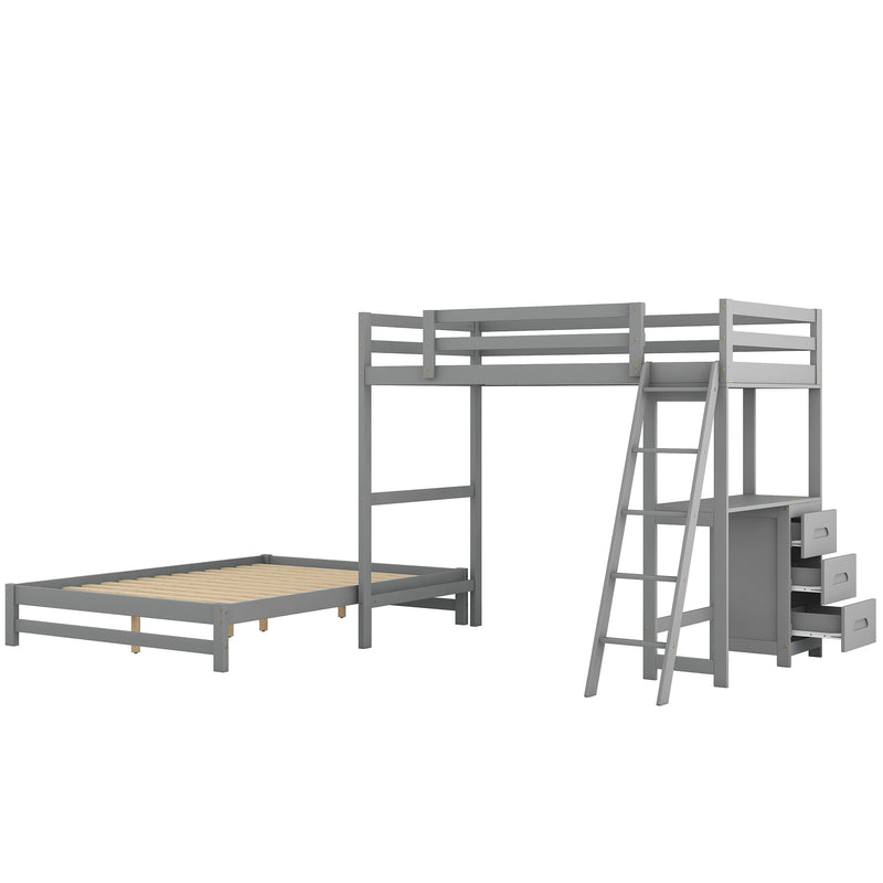 Twin over Full Bunk Bed with Built-in Desk and Three Drawers,Grey