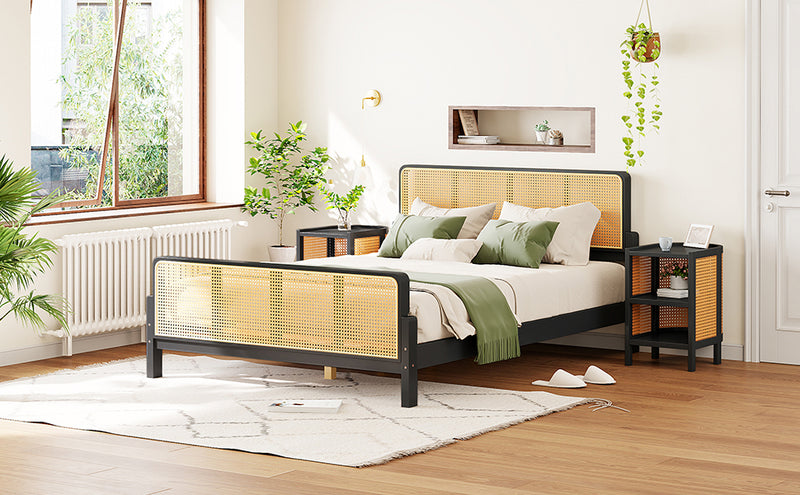 3 Pieces Rattan Platform Full Size Bed With 2 Nightstands,Espresso