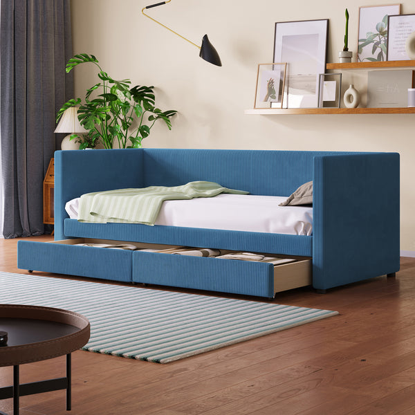 Twin Size Corduroy Daybed with Two Drawers and Wood Slat, Blue