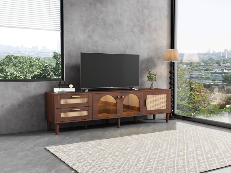 Rattan TV Stand with 3 Cabinets & 2 Drawers, Rattan-inspired Media Console Table for TVs up to 80'', LED Light Entertainment Center, TV cabinet for Living room, Bedroom, Home Theatre