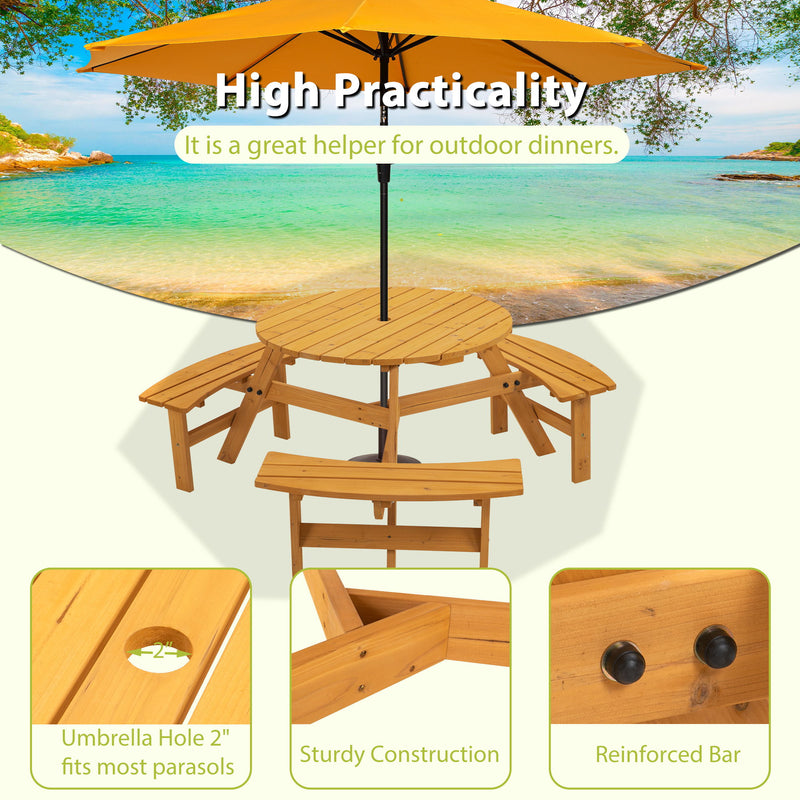 6 Person Circular Outdoor Wooden Picnic Table For Patio, Backyard, Garden, Diy With 3 Built-In Benches, 1720Lb Capacity - Natural