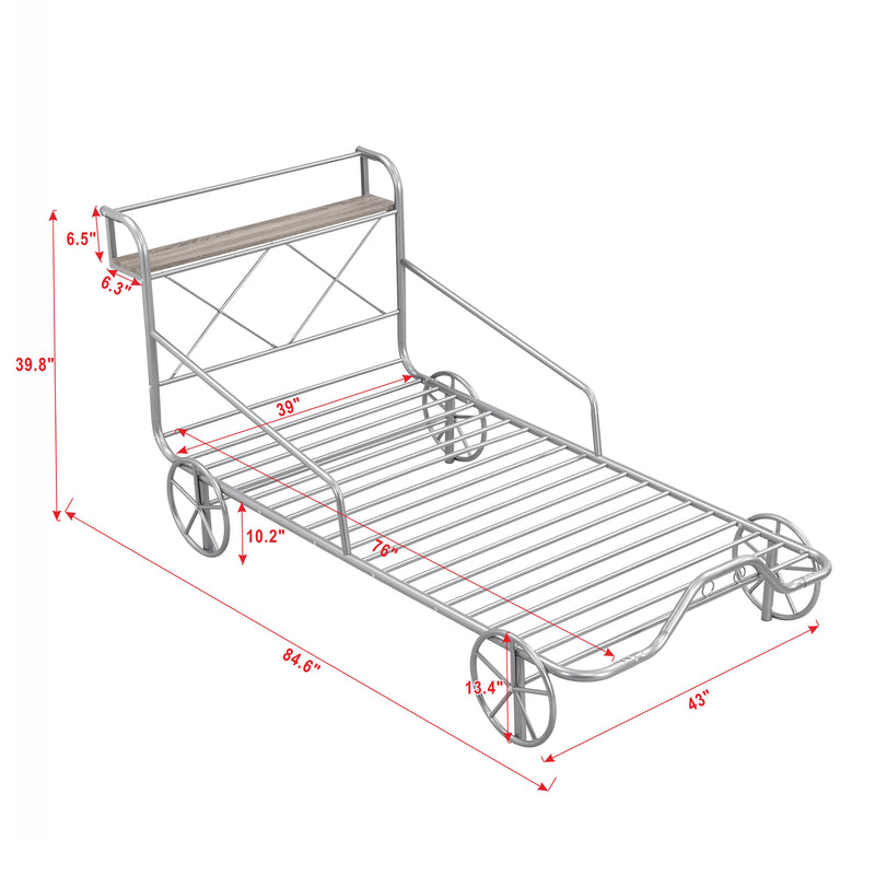 Twin Size Metal Car Bed with Four Wheels, Guardrails and  X-Shaped Frame Shelf, Silver(Old SKU: MF297599AAN)