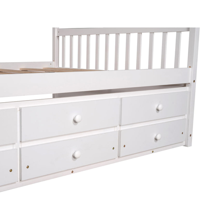 Full Size Wooden House Bed With Trundle And 3 Storage Drawers - White