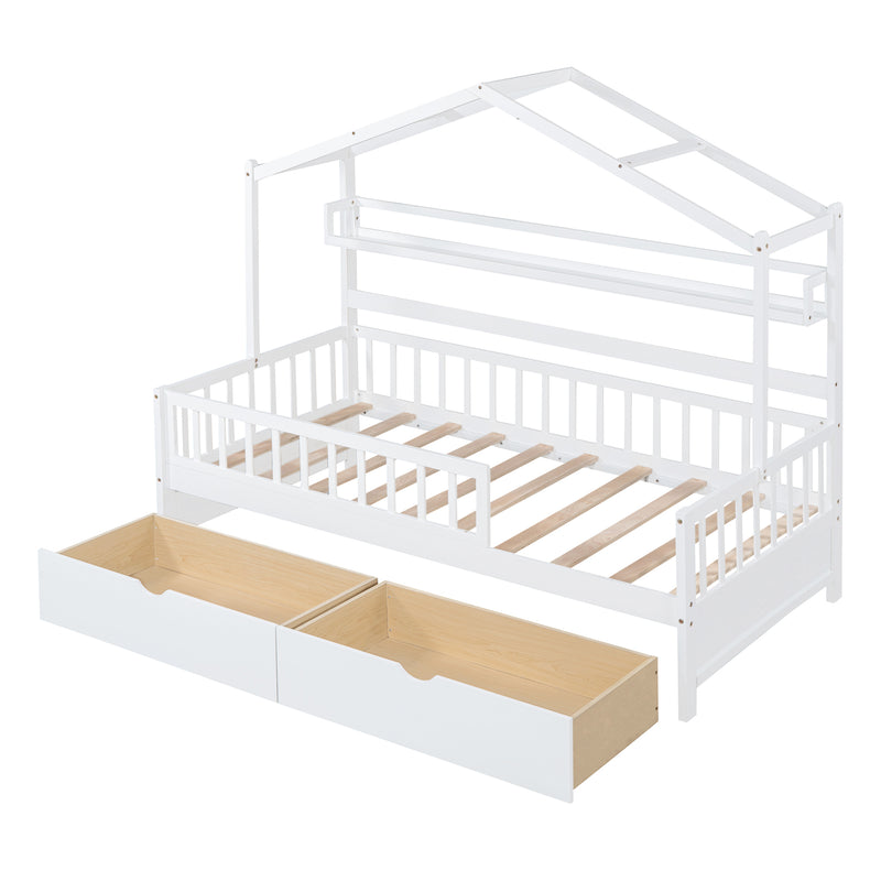 Wooden Twin Size House Bed with 2 Drawers,Kids Bed with Storage Shelf, White