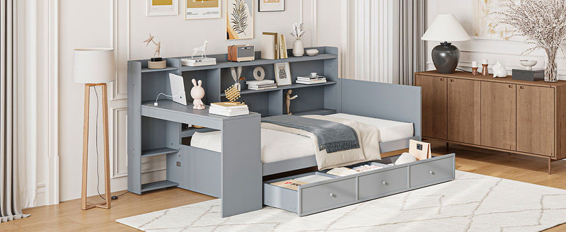 Twin Size Wooden Daybed With 3 Drawers, USB Ports And Desk - Gray