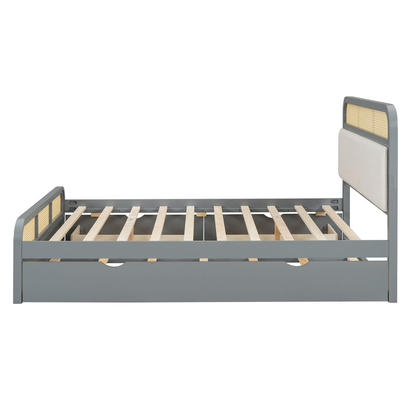 Wooden Platform Bed With Trundle And 2 Drawers