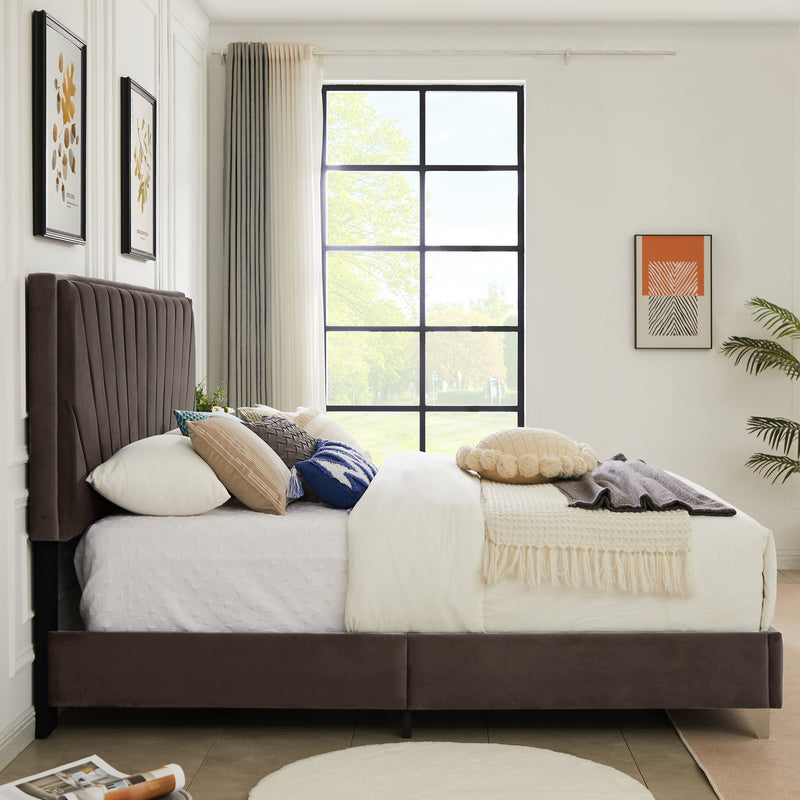 B108 King bed Beautiful line stripe cushion headboard , strong wooden slats + metal legs with Electroplate