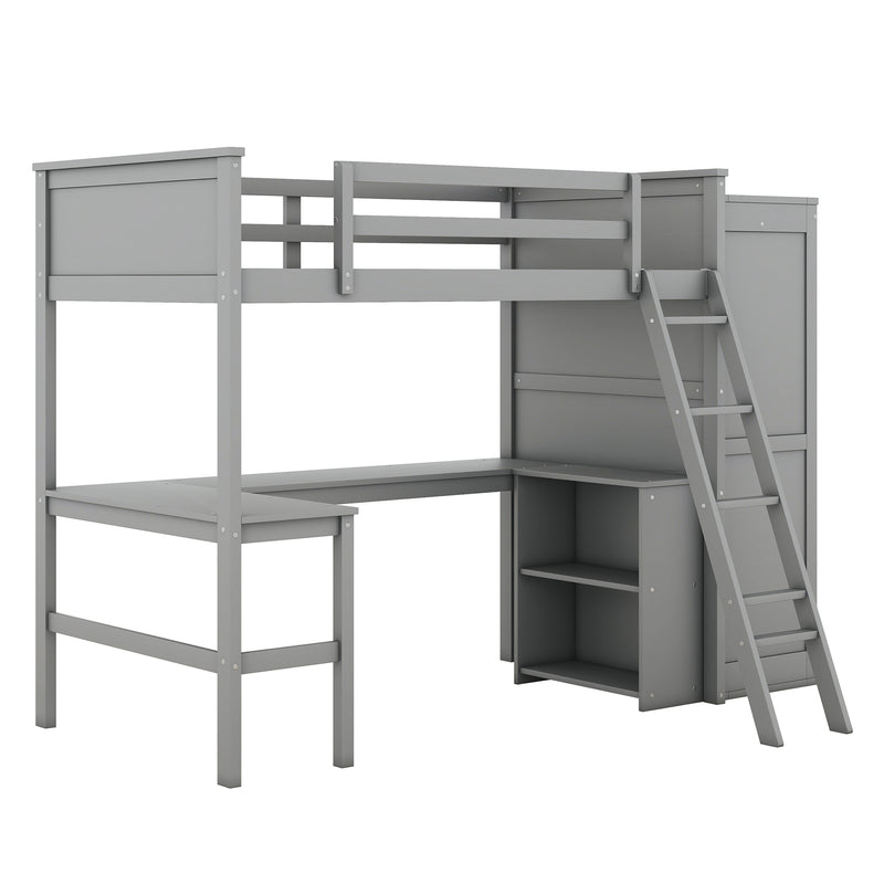 Twin size Loft Bed with Desk, Shelves and Wardrobe-Gray