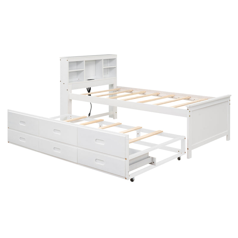 Twin Size Platform Bed with Storage Headboard, USB, Twin Size Trundle and 3 Drawers, White