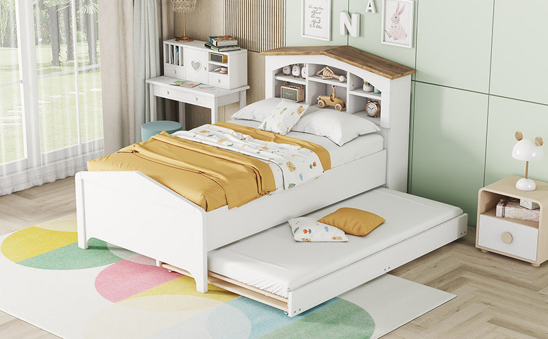 Twin Size Wood Platform Bed with House-shaped Storage Headboard and Trundle, White