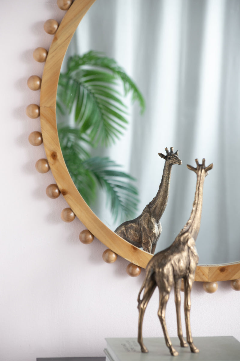 Wood Round Mirror With Beaded Frame, Circle Wall Mirror For Living Room Bedroom Entryway - Brown