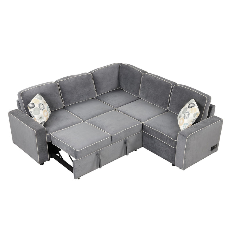 L-Shaped Pull Out Sofa Bed Modern Convertible Sleeper Sofa With 2 USB Ports, 2 Power Sockets And 3 Pillows For Living Room