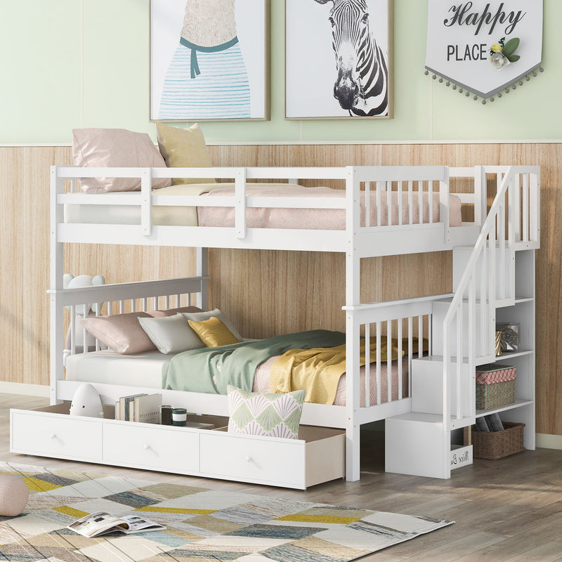 Kids Furniture - Stairway Bunk Bed With Drawer, Storage And Guard Rail For Bedroom