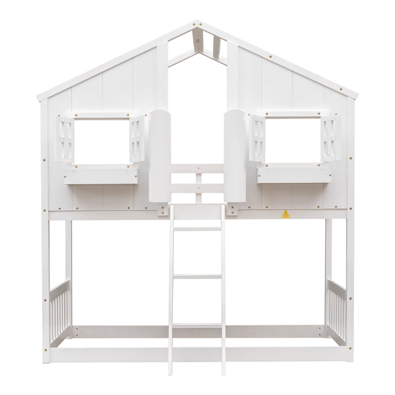 Twin over Twin House Bunk Bed with Roof , Window, Window  Box, Door , with Safety Guardrails and Ladder,White