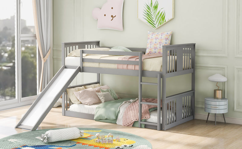 Twin Over Twin Bunk Bed With Slide And Ladder - Gray