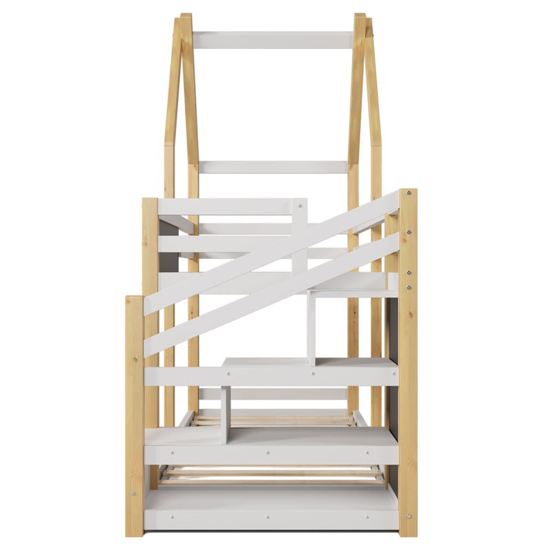 Twin over Twin House Bunk Bed with White Storage Staircase and Blackboard, White and Natural