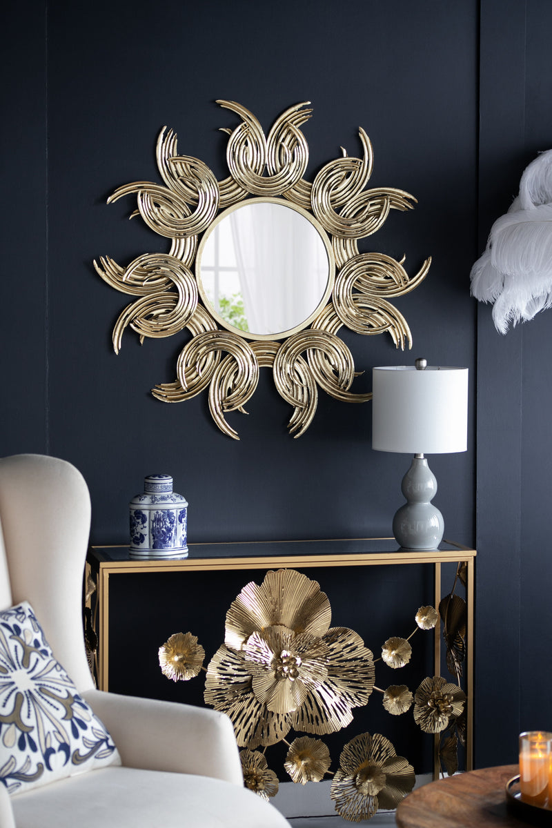 Sunburst Metal Decorative Mirror With, Boho Wall Decor Sun Mirror For Living Room Bathroom Enterway - Gold