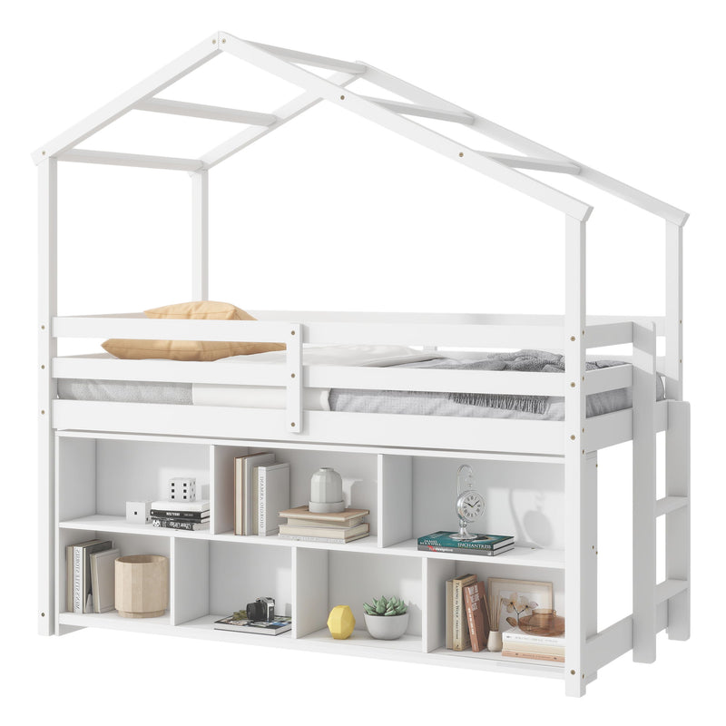 Twin House Loft Bed With Roof Frame, Under Bed Shelving Storage Unit, Guardrails, Ladder - White