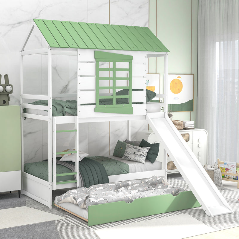 Twin over Twin Size House Bunk Bed with Convertible Slide and Trundle, White+Green