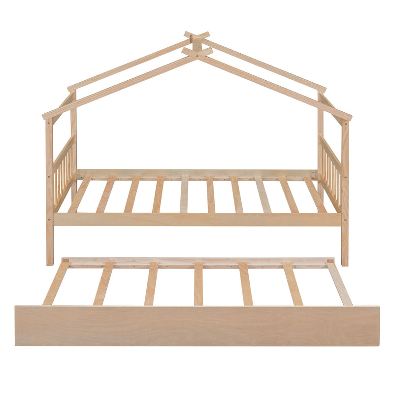 Twin Size Wooden House Bed With Twin Size Trundle - Natural