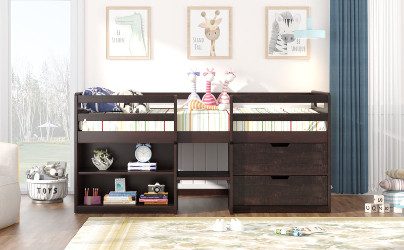 Twin size Loft Bed with Two Shelves and Two drawers (Antique Espresso)