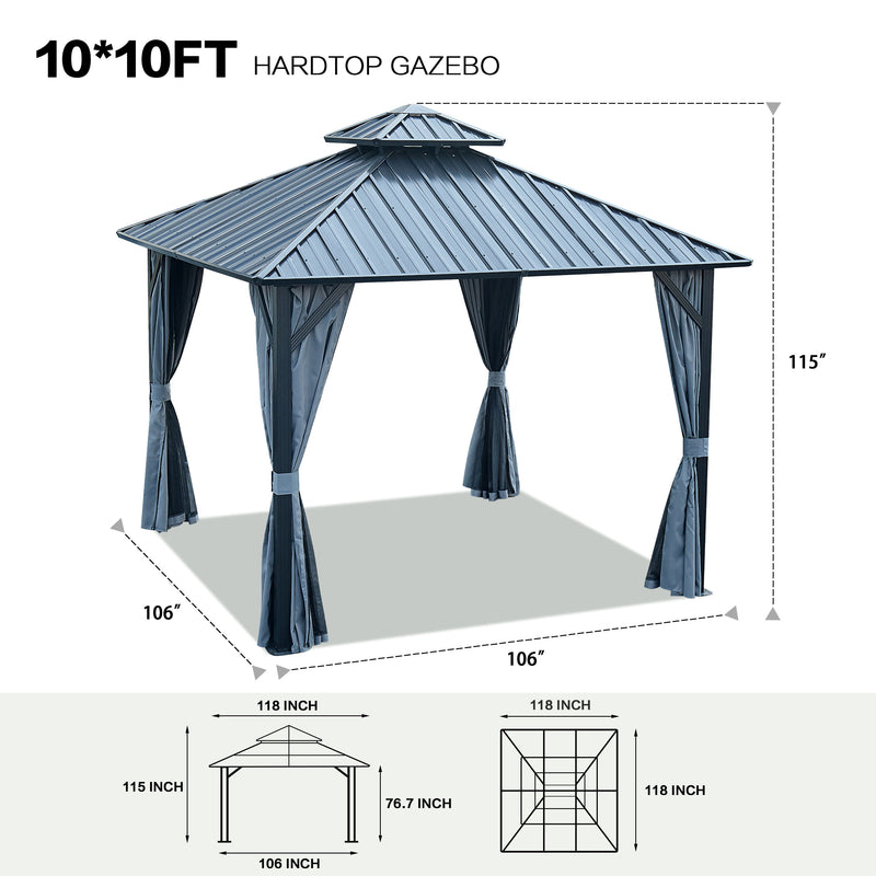 Gazebo Double Roof Canopy With Netting And Curtains, Outdoor Gazebo 2 Tier Hardtop Galvanized Iron Aluminum Frame Garden Tent For Patio, Backyard, Deck And Lawns