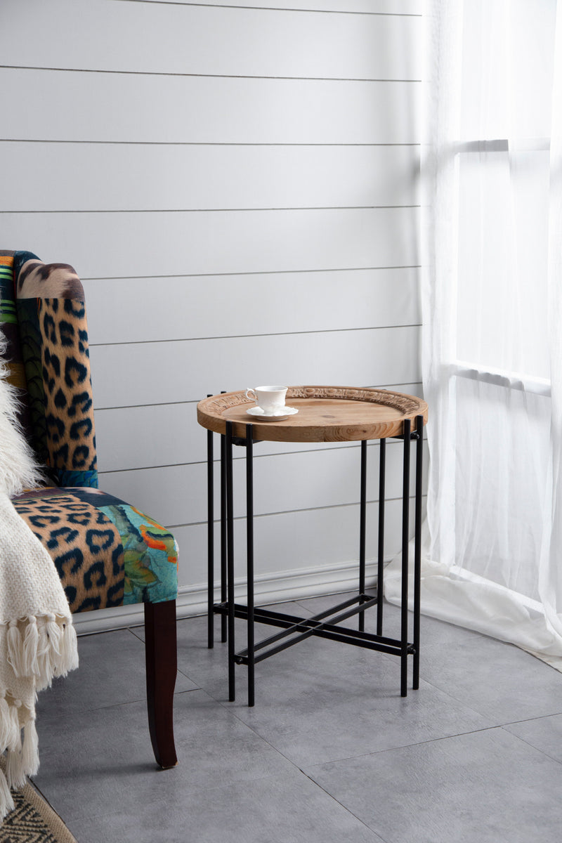 Round Side Table With Wood Top, End Table For Living Room Bedroom - Black Brown