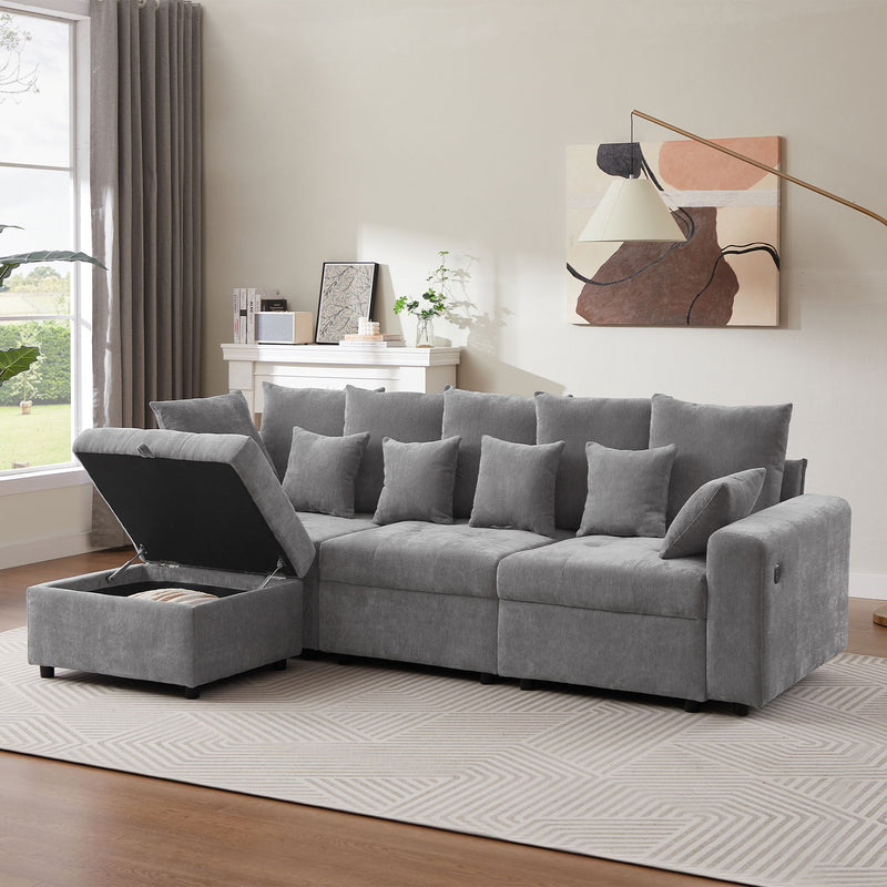 Sectional Sofa Modular Sofa Couch With Three USB Ports, A Removable Storage Ottoman And Five Back Pillows For Living Room