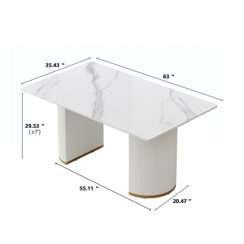 63" Modern Artificial Stone Panel PU Plywood Legs, Can Accommodate 6-8 People - White / Beige