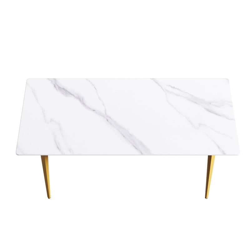 70.87" Modern Artificial Stone White Straight Edge Metal Leg Dining Table, Can Accommodate 6-8 People - White / Gold