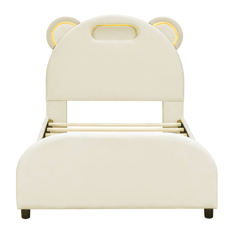 Twin Size Upholstered Platform Bed with Bear-Shaped Headboard and Embedded Light Stripe, Velvet, Beige