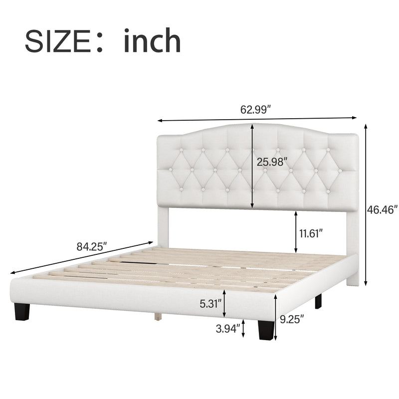 Upholstered Platform Bed with Saddle Curved Headboard and Diamond Tufted Details, Queen, Beige