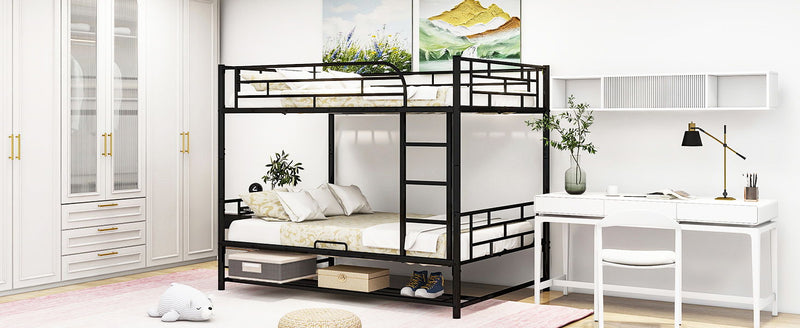 Full Over Full Metal Bunk Bed With Shelf And Guardrails