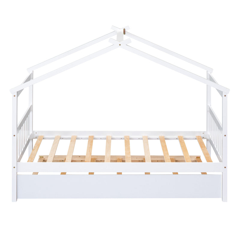 Twin Size Wooden House Bed With Twin Size Trundle - White