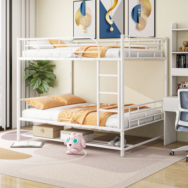 Full Over Full Metal Bunk Bed With Shelf And Guardrails - White