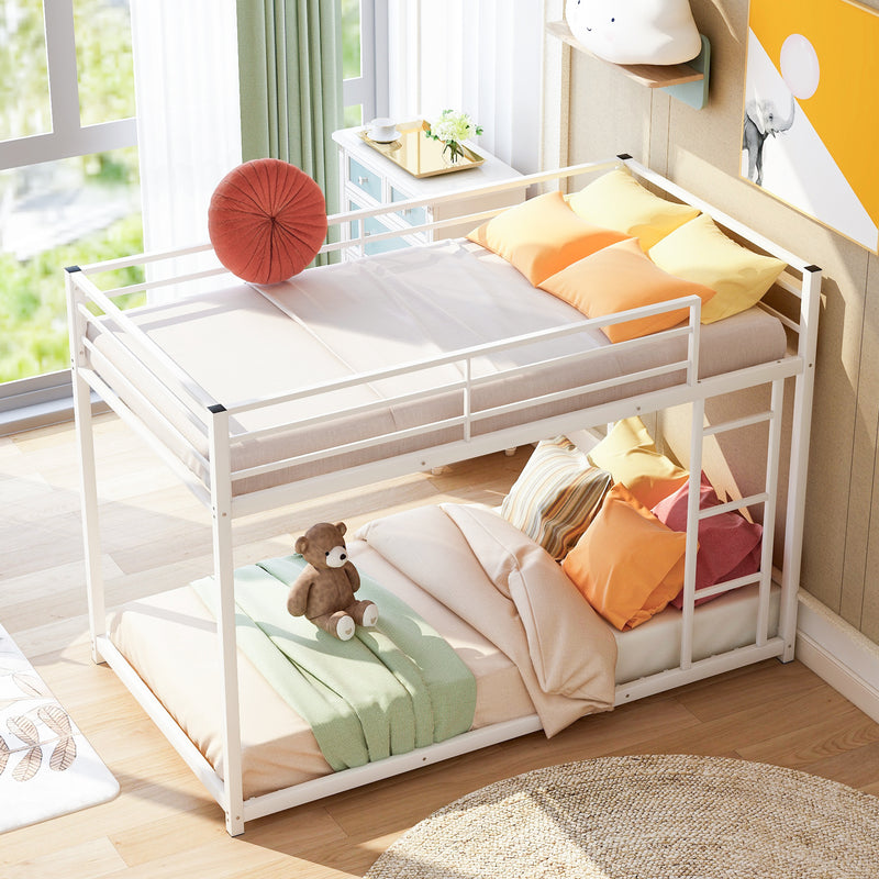 Twin over Twin Metal Bunk Bed, Low Bunk Bed with Ladder,White(OLD SKU:MF197033AAK)