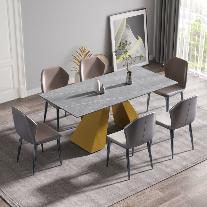 70.87" Modern Artificial Stone Gray Straight Edge Golden Metal Leg Dining Table, Can Accommodate 6-8 People - Gray / Gold