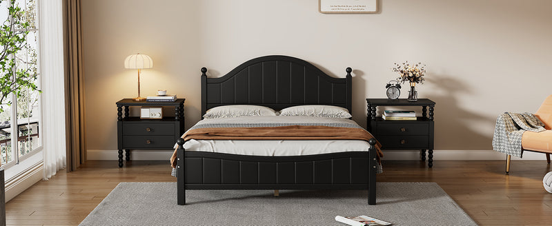 Traditional Concise Style Black Solid Wood Platform Bed, No Need Box Spring, Queen