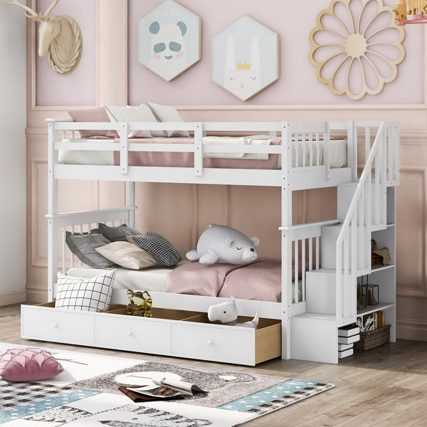 Stairway Twin-Over-Twin Bunk Bed with Three Drawers for Bedroom, Dorm - White(Old sku: LP000309AAK)