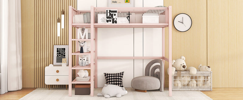 Twin Size Metal Loft Bed with 4-Tier Shelves and Storage, Pink