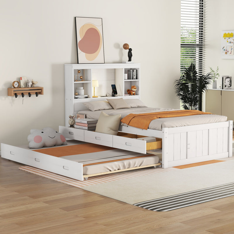 Twin Size Platform Bed with Storage Headboard, Charging Station, Twin Size Trundle and 3 Drawers, Antique White