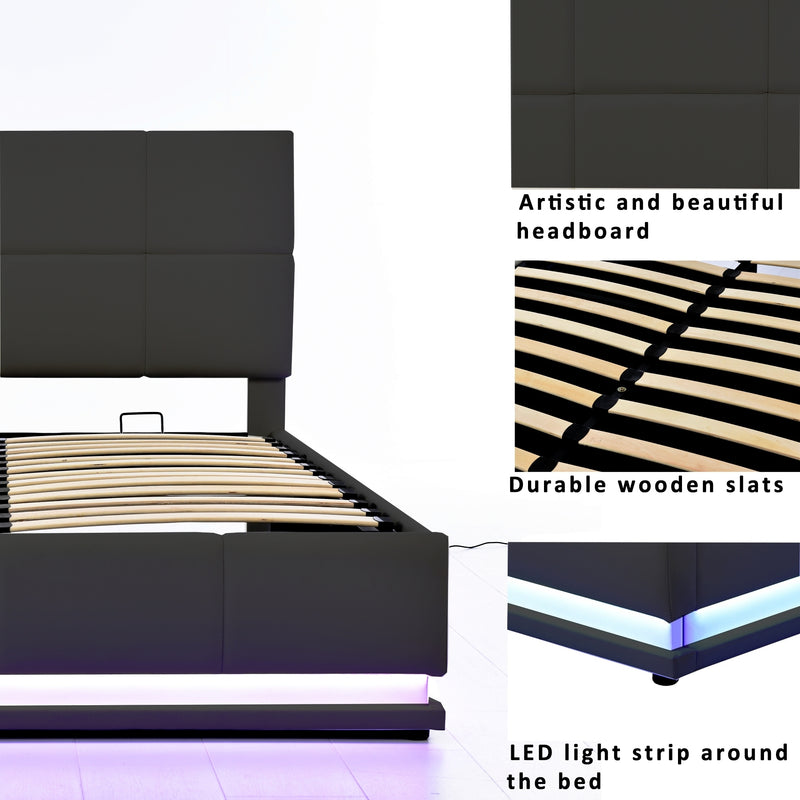 Tufted Upholstered Platform Bed with Hydraulic Storage System,Queen Size PU Storage Bed with LED Lights and USB charger, Black