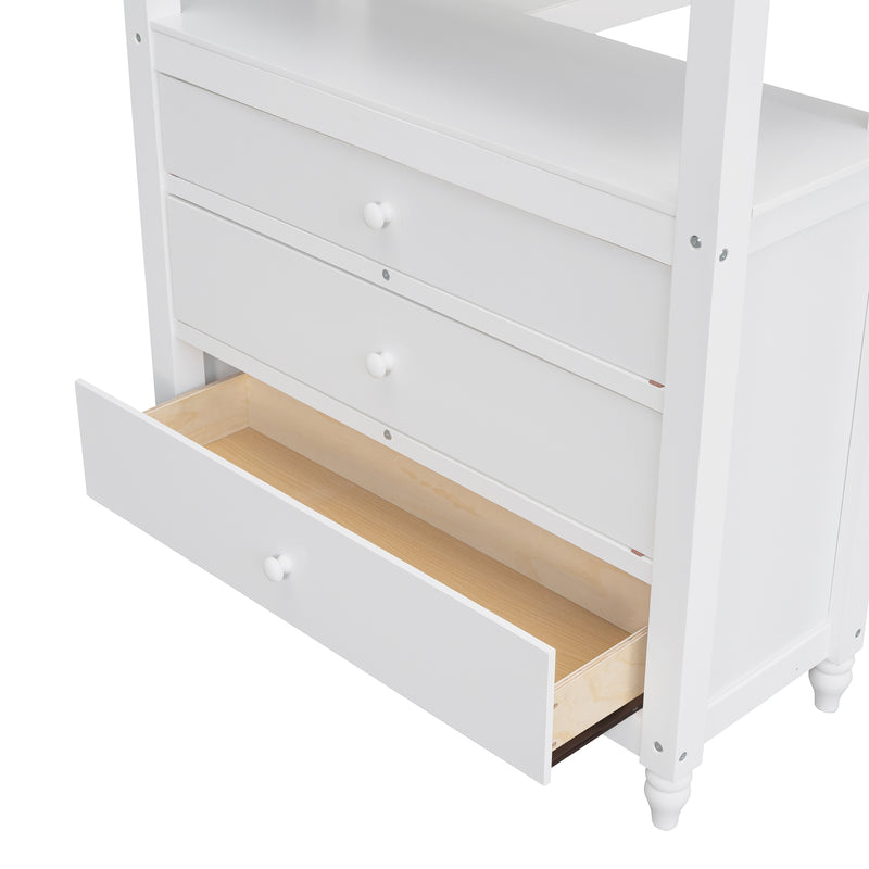 Twin size Loft Bed with Drawers and Desk, Wooden Loft Bed with Shelves - White(OLD SKU: LT001530AAK)