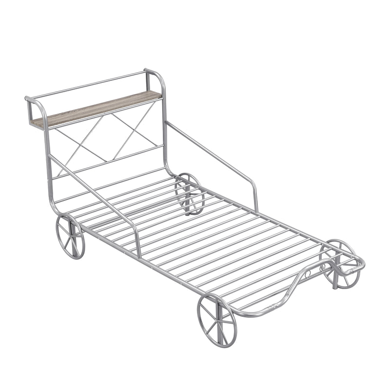 Twin Size Metal Car Bed with Four Wheels, Guardrails and  X-Shaped Frame Shelf, Silver(Old SKU: MF297599AAN)