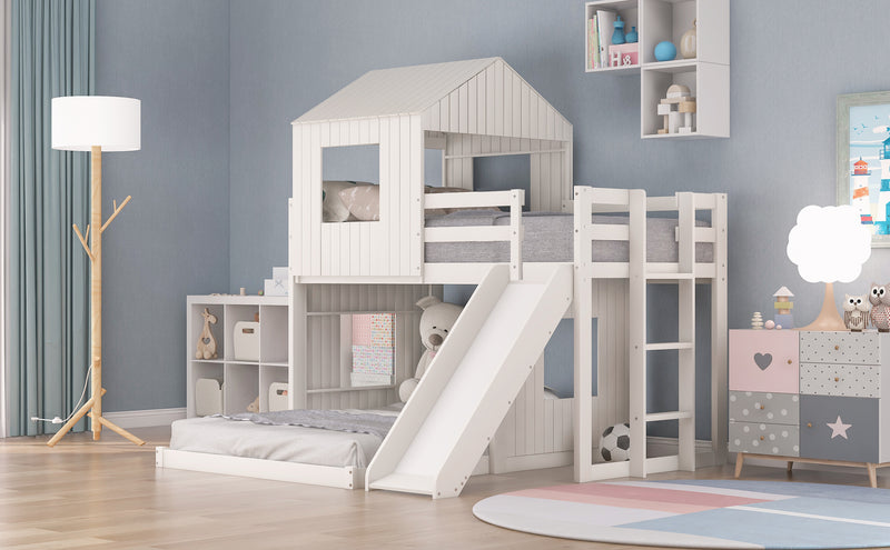 Wooden Twin Over Full Bunk Bed, Loft Bed with Playhouse, Farmhouse, Ladder, Slide and Guardrails, White(OLD SKU :LT000028AAK)