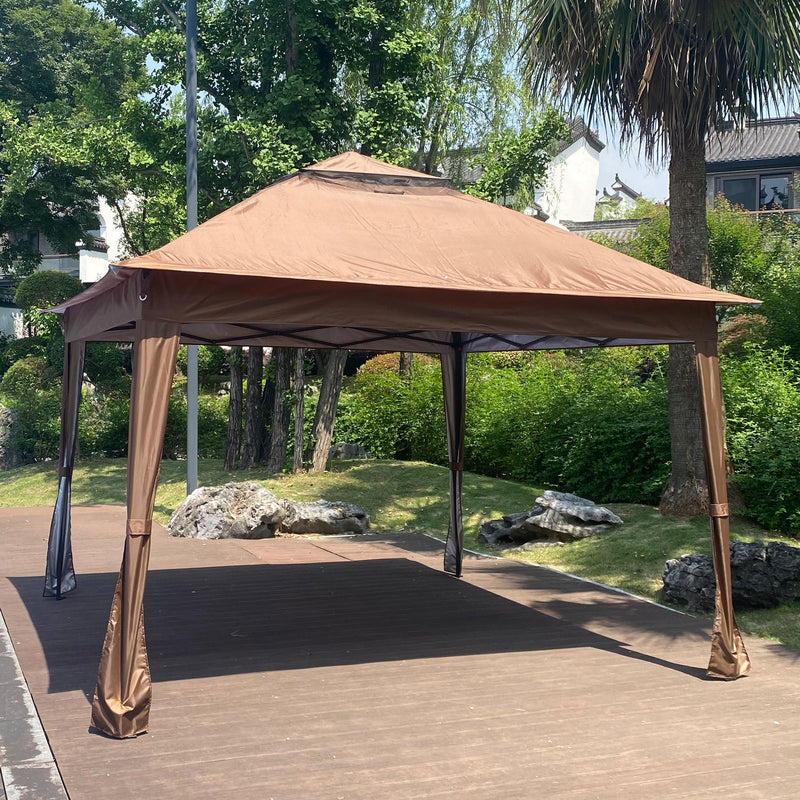 Outdoor 11X 11Ft Pop Up Gazebo Canopy With Removable Zipper Netting, 2 Tier Soft Top Event Tent, Suitable For Patio Backyard Garden Camping Area With 4 Sandbags - Brown