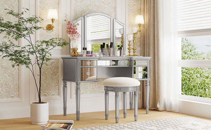 Dressing Table Set With Mirrored Drawers And Stool, Tri-Fold Mirror, Makeup Vanity Set For Bedroom