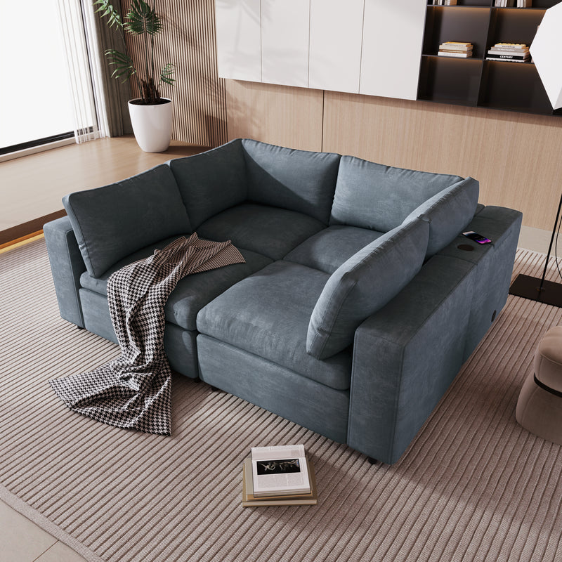 U-style Upholstered Modular Sofa with USB Charge Ports,Wireless Charging and Built-in Bluetooth Speaker in Arm,Sectional sofa for Living Room Apartment(4-Seater)